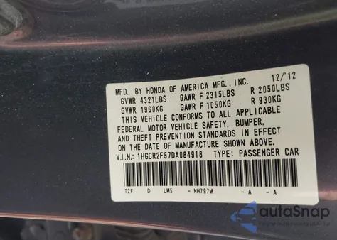 2013 Honda Accord Sport from USA, damaged, VIN 1HGCR2F57DA084918